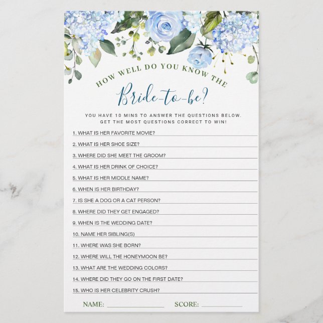 Lámina Blue Hydrangea Greenery Bridal Shower Game (Anverso)