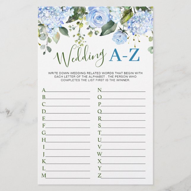 Lámina Blue Hydrangea Greenery Bridal Shower Game (Anverso)