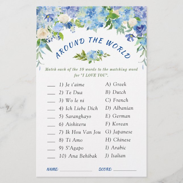 Lámina Blue Hydrangea Greenery Bridal Shower Game (Anverso)