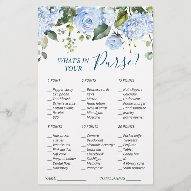 Lámina Blue Hydrangea Greenery Bridal Shower Game (Anverso)