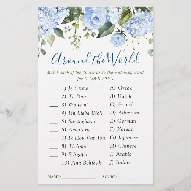 Lámina Blue Hydrangea Greenery Bridal Shower Game (Anverso)