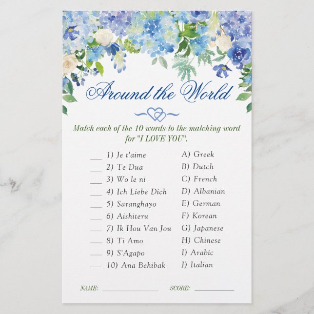 Lámina Blue Hydrangea Watercolor Bridal Shower Game (Anverso)