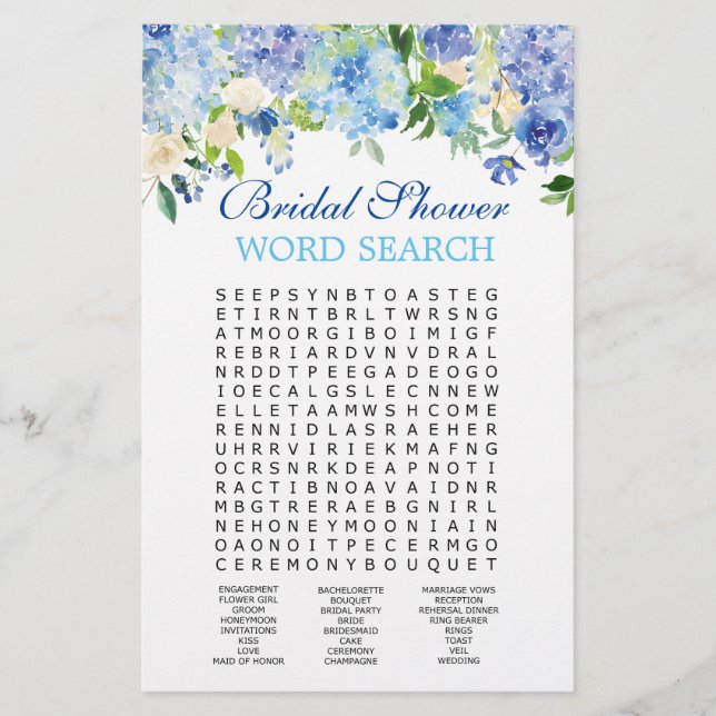 Lámina Blue Hydrangea Word Search Bridal Shower Game (Anverso)