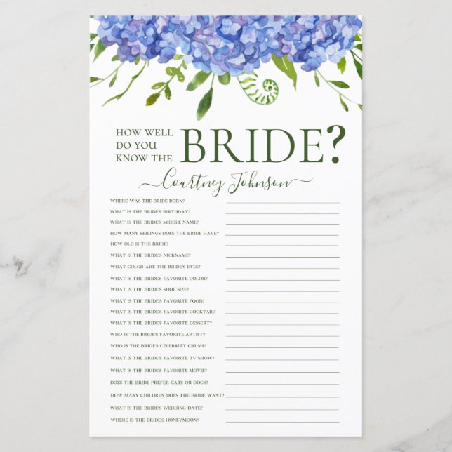 Lámina Blue Hydrangeas Bridal Shower Game (Anverso)