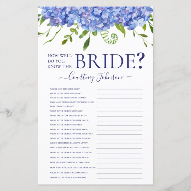 Lámina Blue Hydrangeas Bridal Shower Game (Anverso)