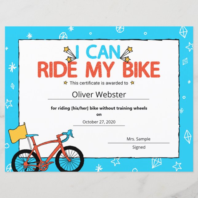 Lámina Blue I can Rike My Bike Milestone Certificate (Anverso)