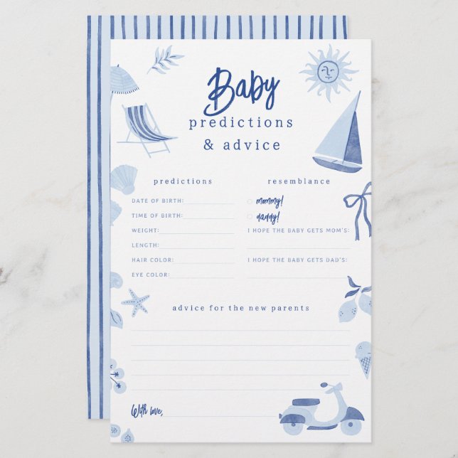 Lámina Blue Italian Summer Baby Predictions & Advice Game (Anverso / Reverso)