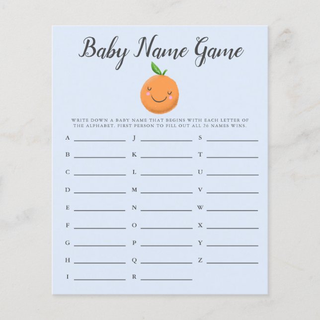 Lámina Blue Little Cutie Baby Name Shower Game (Anverso)