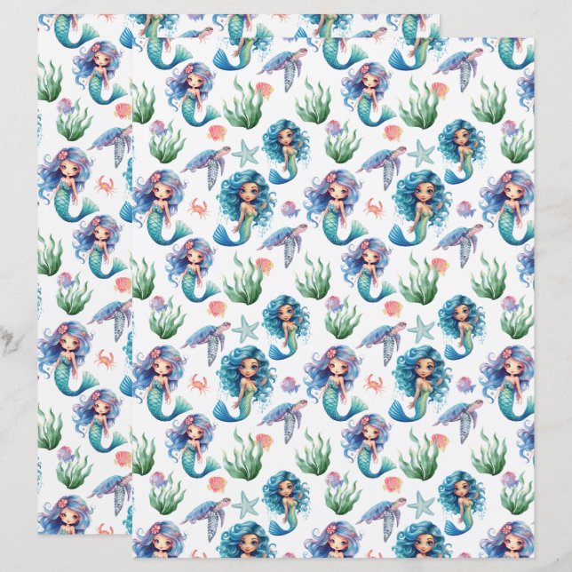 Lámina Blue Mermaid Scrapbook Paper in White (Anverso / Reverso)