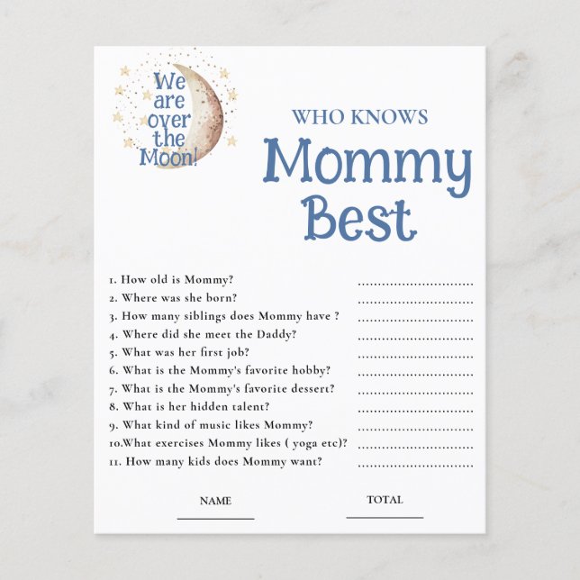 Lámina Blue Moon Who knows Mommy Best Baby Shower Game (Anverso)