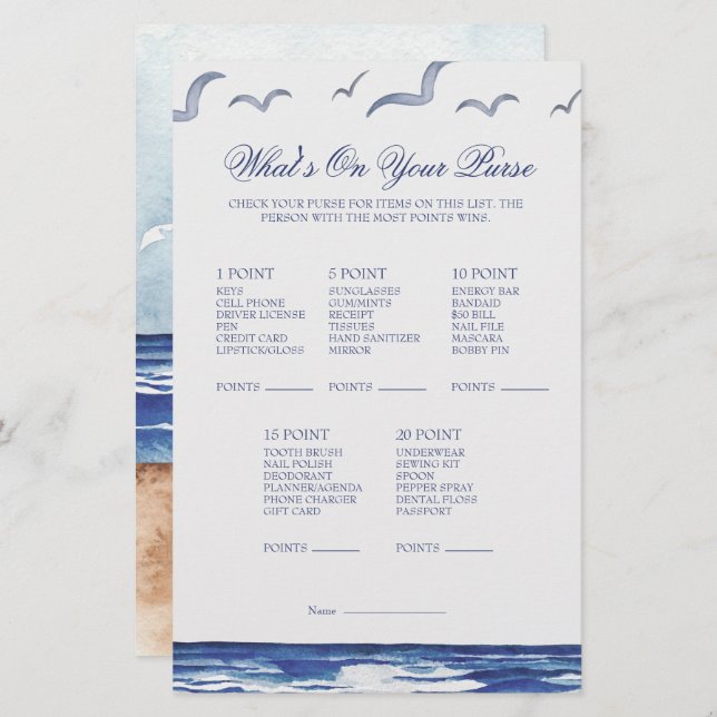 Lámina Blue Nautical Coastal Sea Whats on Your Purse Game (Anverso / Reverso)