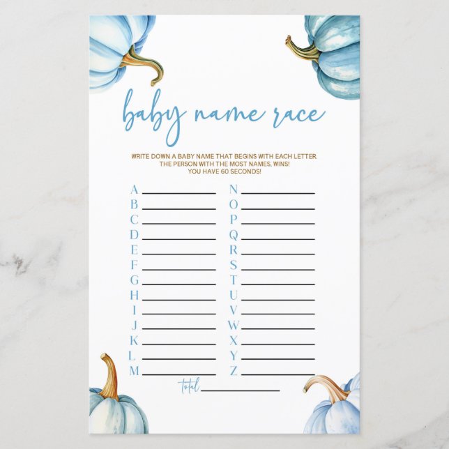 Lámina Blue Pumpkins Fall Name Race Baby Shower Game (Anverso)