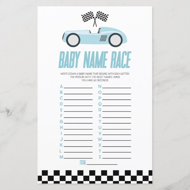Lámina Blue Race Car Name Race Baby Shower Game (Anverso)