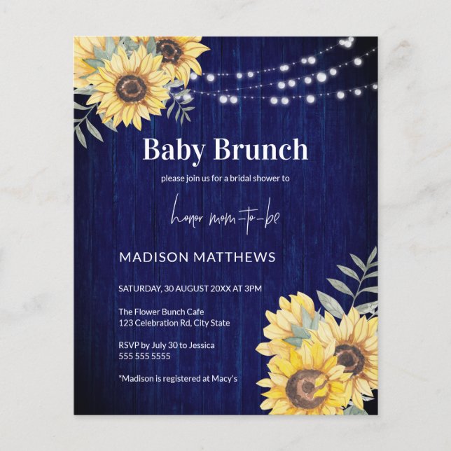Lámina Blue Rustic Wood Sunflower Lights Baby Shower (Anverso)