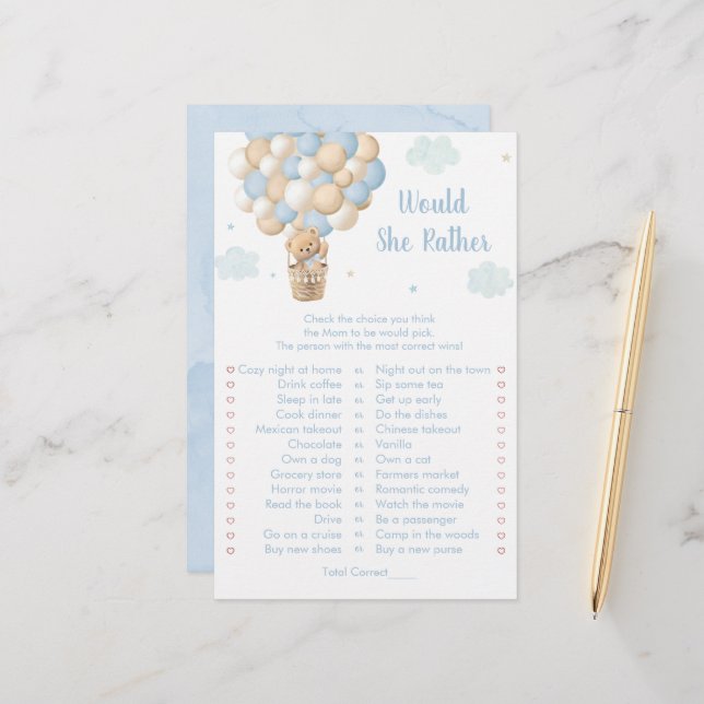 Lámina Blue Teddy Balloons Would She Rather Shower Game (Anverso/Reverso In Situ)