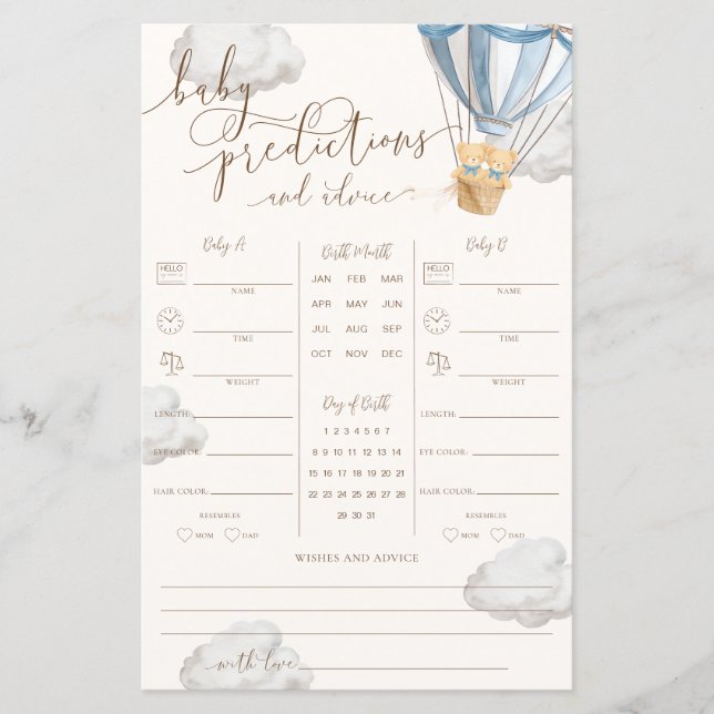 Lámina Blue Teddy Bear Twins Baby Predictions Game (Anverso)