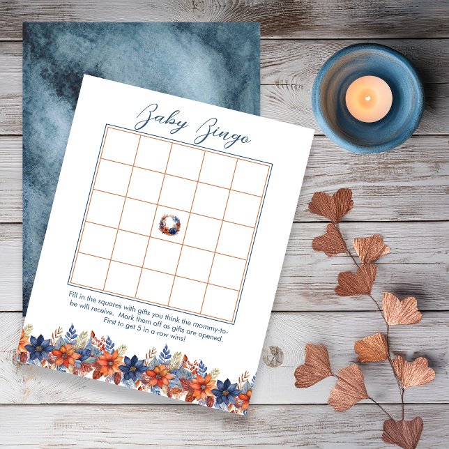 Lámina Blue Terracotta Fall Floral Baby Shower Bingo (Boho Blue and Terracotta Fall |  Autumn Floral Boy Baby Shower "Baby Bingo" Game)