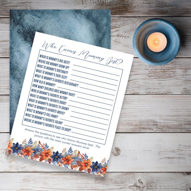 Lámina Blue Terracotta Floral Baby Shower que conoce a ma (Boho Blue and Terracotta Fall |  Autumn Floral Boy Baby Shower "Who Knows Mommy Best" Game)