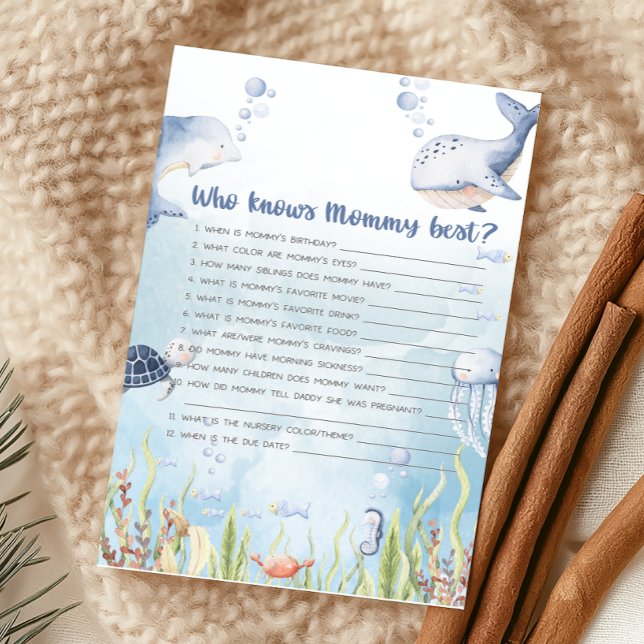 Lámina Blue Under the Sea Shower Who Knows Mommy Game (Under the Sea Baby Shower Game)