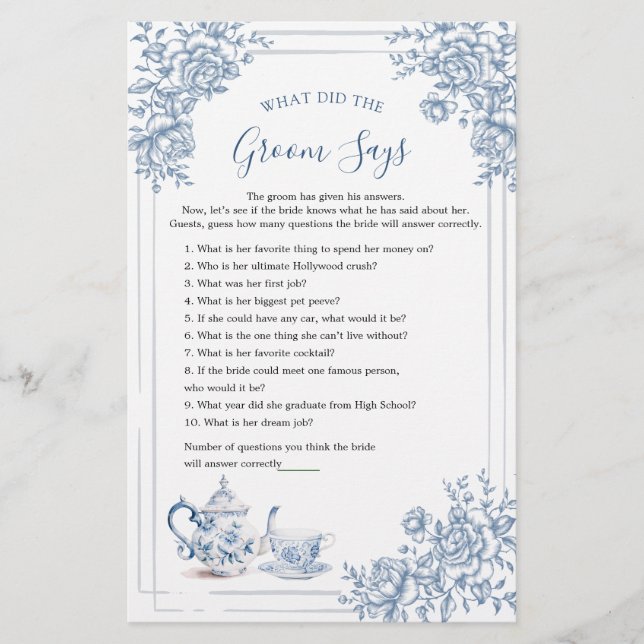 Lámina Blue Victorian Garden Bridal Tea Lo Que Groom Dice (Anverso)