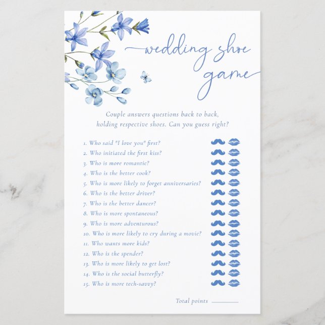 Lámina Blue Wildflower Boda Shoe Bridal Shower Game (Anverso)
