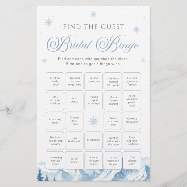 Lámina Blue Winter Bridal Shower Bingo Game (Anverso)