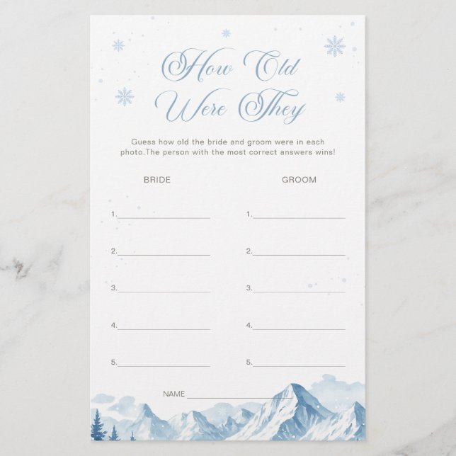 Lámina Blue Winter Bridal Shower How Old Were They Game (Anverso)