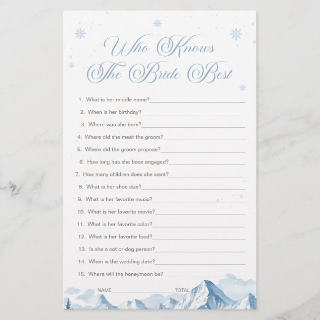 Lámina Blue Winter Bridal Shower Who Knows the Bride Best (Anverso)