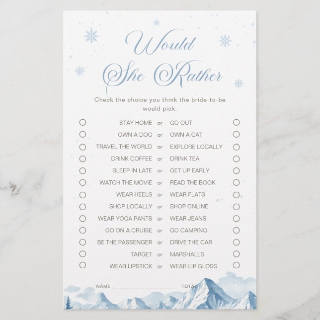 Lámina Blue Winter Bridal Shower Would She Rather Game (Anverso)