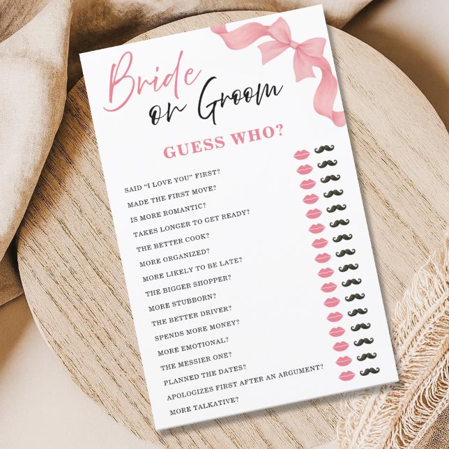 Lámina Blush Pink Bow Bride or Groom Bridal Shower Game (Subido por el creador)