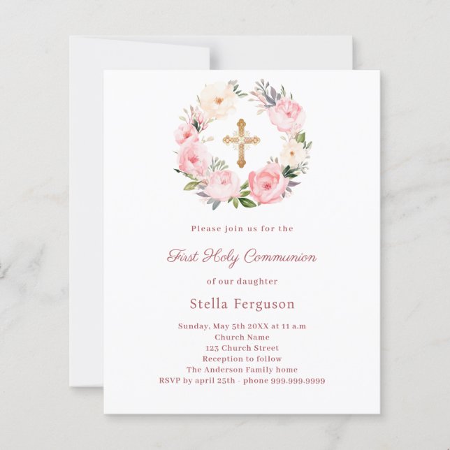 Lámina Blush pink floral cross First Communion invitation (Anverso)