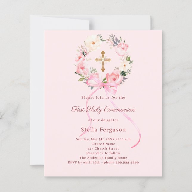 Lámina Blush pink florals bow First Communion invitation (Anverso)