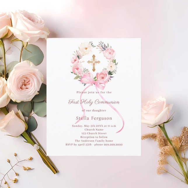 Lámina Blush pink florals bow First Communion invitation (Subido por el creador)