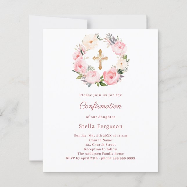 Lámina Blush pink florals cross Confirmation invitation (Anverso)