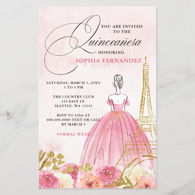 Lámina Blush Rosa Torre Eiffel de Presupuesto Quinceañera (Anverso)