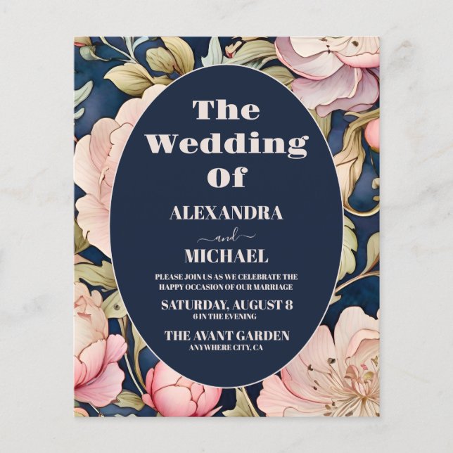 Lámina Boda Art Nouveau peony rosa acuarela de presupuest (Anverso)