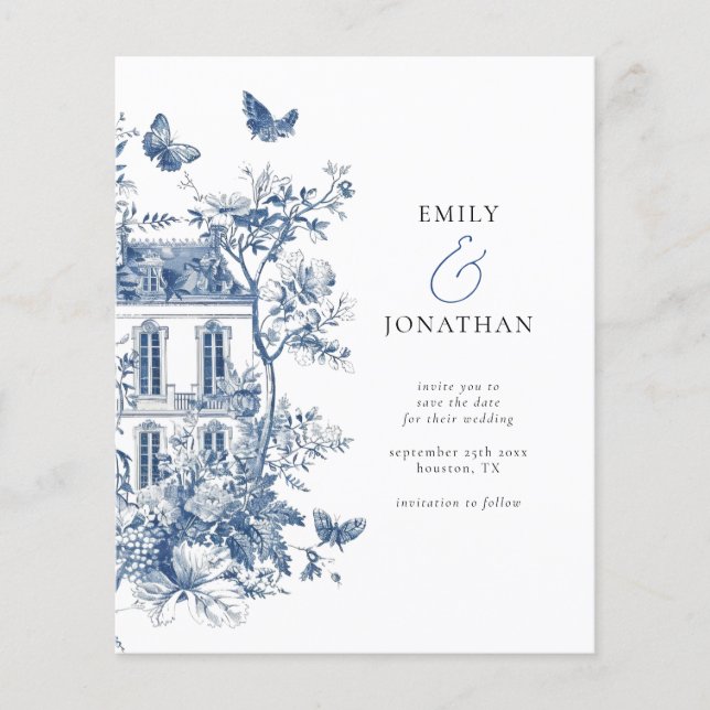 Lámina Boda Blue Toile De Jouy QR Boda Guardar la fecha (Anverso)