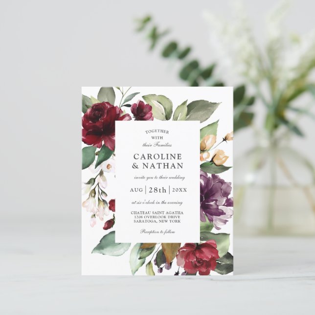 Lámina Boda Borgoña Rojo y Floral de Pluma (Anverso de pie)