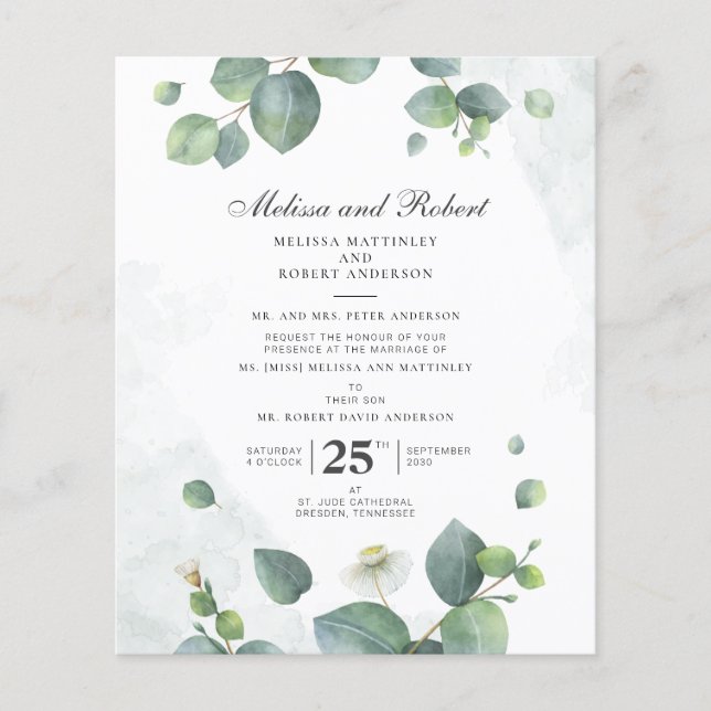 Lámina Boda botánico de eucalipto verde (Anverso)
