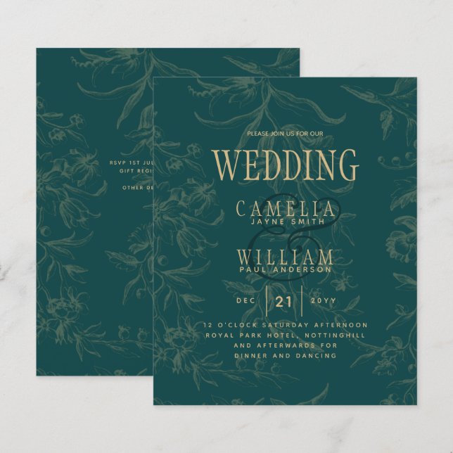 Lámina Boda botánico de la cosecha de oro verde esmeralda (Anverso / Reverso)