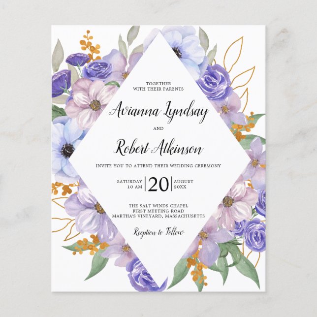 Lámina Boda Botánico Rústico Floral Púrpura Presupuestari (Anverso)