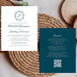 Lámina Boda Código QR de Monograma Corona Azul Teal Presu
