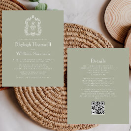 Lámina Boda Código QR del Monograma Cresta Verde Esmerald