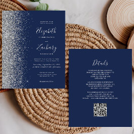 Lámina Boda con código QR de brillo plateado azul marino 