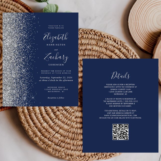 Lámina Boda con código QR de brillo plateado azul marino  (Subido por el creador)
