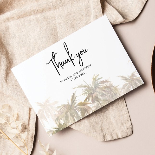 Lámina Boda con letras de mano y presupuesto de palmeras  (Palm Tree Watercolor Wedding Thank You Card)