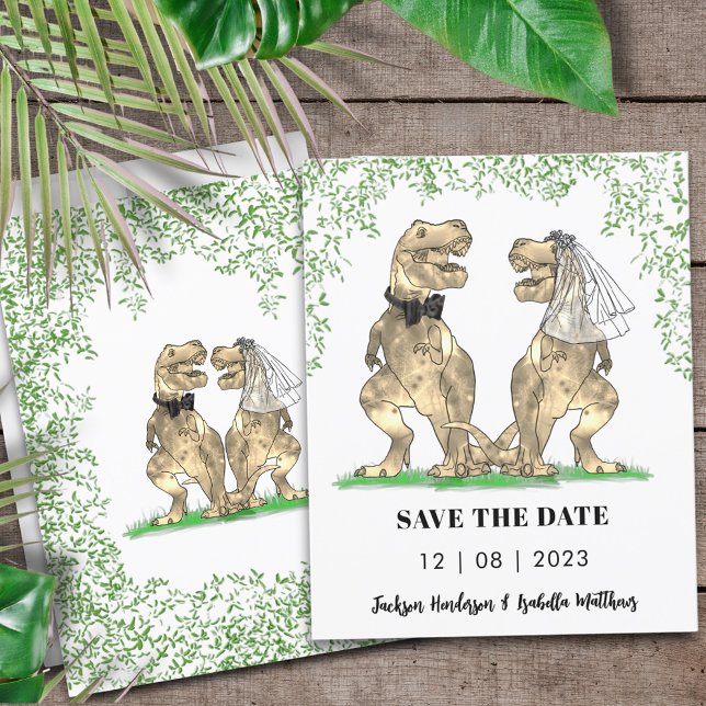 Lámina Boda con tema de dinosaurios, guarde la fecha (Dinosaur wedding save the date budget invitation T-Rex bride and groom Jurassic jungle foliage)