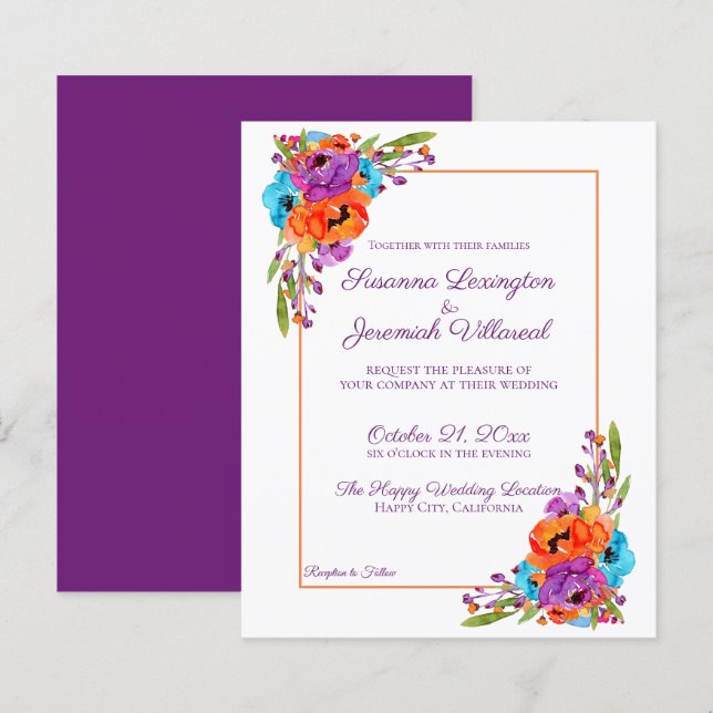 Lámina BODA de acuarela floral Naranja púrpura (Anverso / Reverso)