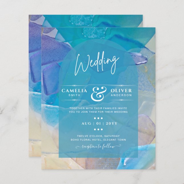 Lámina BODA de Blue Ocean Beach de Vidrio Marítimo Verde  (Anverso / Reverso)