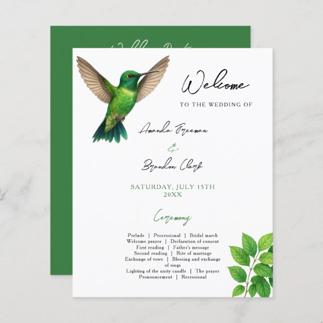 Lámina Boda de borde botánico de leafy Green Hummingbird (Anverso / Reverso)
